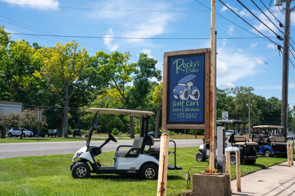 Golf carts at the Rocky’s Rides showroom